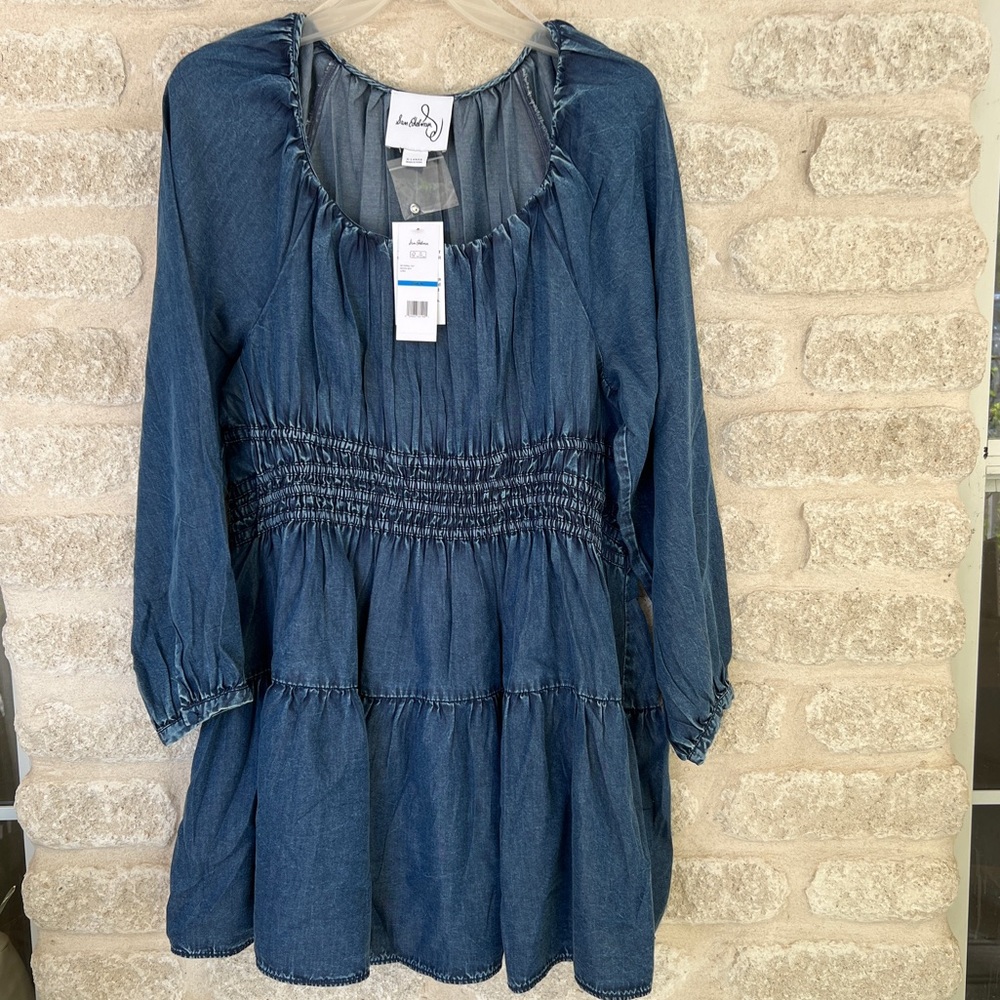 Sam Edelman Lora Mini Bustier dress XL blue overdyed smocked long sleeve NWT